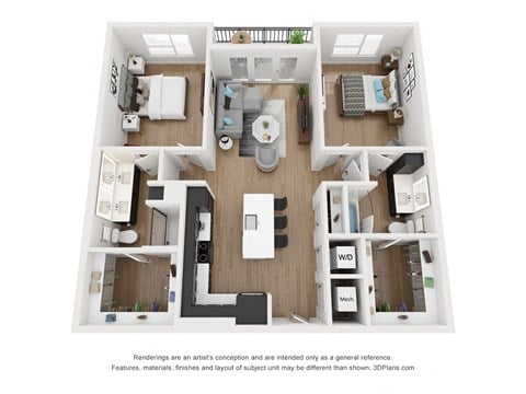 Floor plan for 2 beds, 2 baths, 1188 sqft